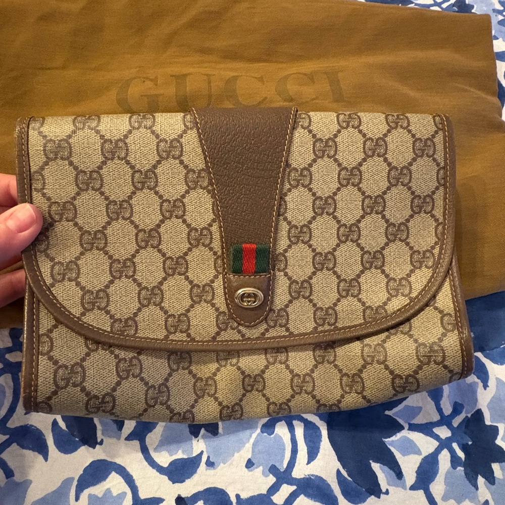 Authentic Gucci Beige and Brown Monogram Clutch